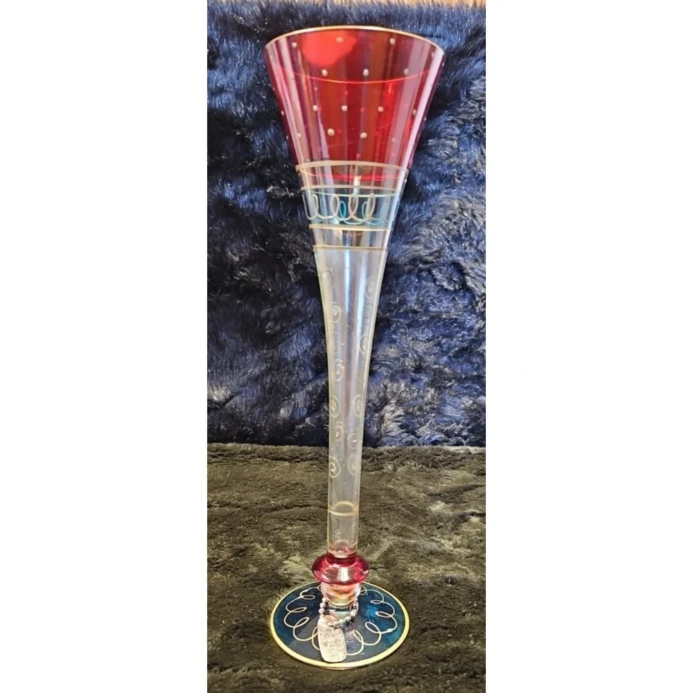 Vintage Pier 1 5-Glass Champagne Flutes Hand Painted & Blown 3-rings 8Pc. 11.5